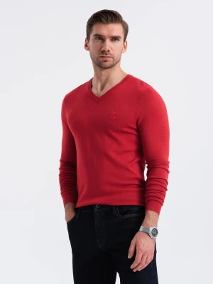 Męski elegancki sweter V-neck BASIC z wiskozą – czerwony V20 - Rozmiar: S Ombre Clothing