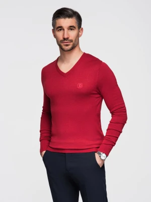 Męski elegancki sweter V-neck BASIC z wiskozą – czerwony V20 - Rozmiar: XL Ombre Clothing