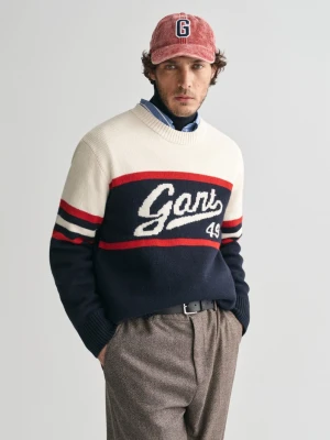 Zdjęcie produktu Męski granatowy sweter z nadrukiem vintage z okrągłym dekoltem GANT