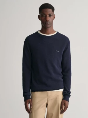 Męski granatowy sweter z okrągłym dekoltem z bawełnianej piki GANT