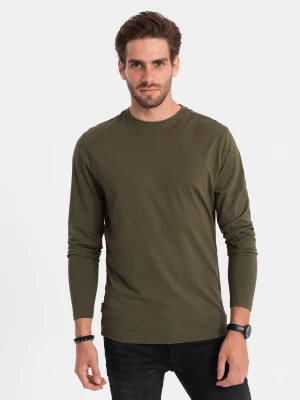 Męski longsleeve BASIC z okrągłym dekoltem - ciemnooliwkowy V7 - Rozmiar: L Ombre Clothing