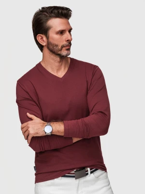 Męski longsleeve bez nadruku z dekoltem w serek - bordowy V8 - Rozmiar: M Ombre Clothing