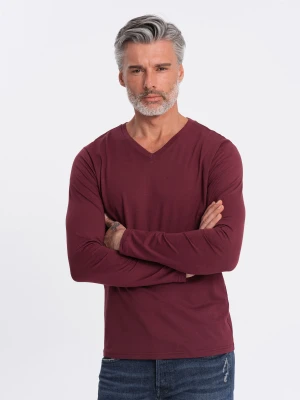 Męski longsleeve bez nadruku z dekoltem w serek - bordowy V8 - Rozmiar: XL Ombre Clothing