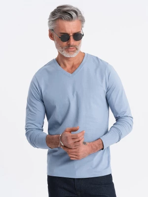 Męski longsleeve bez nadruku z dekoltem w serek - niebieski denim V9 OM-LSBL-0108
 -                                    S Ombre
