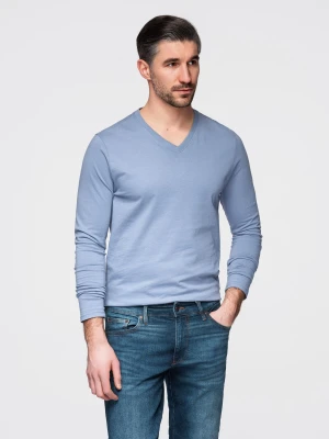 Męski longsleeve bez nadruku z dekoltem w serek - niebieski denim V9 - Rozmiar: L Ombre Clothing