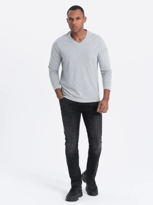 Męski longsleeve bez nadruku z dekoltem w serek - szary melanż V7 - Rozmiar: XXL Ombre Clothing