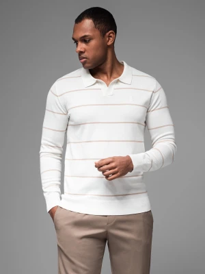 Męski longsleeve polo w poziome paski z wiskozą – biało-beżowy V4 OM-POLS-0146
 -                                    S Ombre