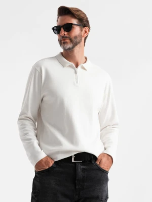 Męski longsleeve polo z zapinanym na zamek kołnierzykiem – biały V1 - Rozmiar: XXL Ombre Clothing