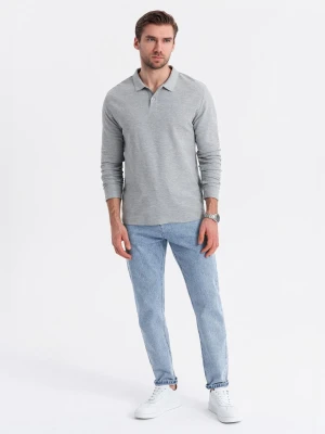 Męski longsleeve z kołnierzykiem polo BASIC – szary melanż V4 - Rozmiar: L Ombre Clothing