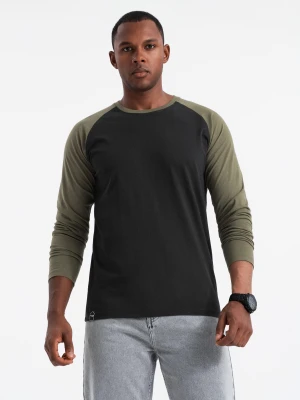 Męski longsleeve z raglanowymi kontrastowymi rękawami – czarno-oliwkowy V3 - Rozmiar: M Ombre Clothing