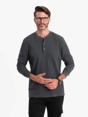 Męski longsleeve zapinany pod szyją z dzianiny waflowej – grafitowy V3 - Rozmiar: L Ombre Clothing