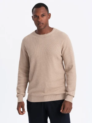 Męski melanżowy sweter ze strukturalnej dzianiny – piaskowy V3 - Rozmiar: L Ombre Clothing