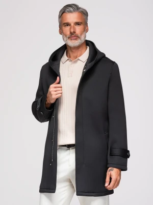 Męski minimalistyczny płaszcz średniej długości z dzianiny scuba - czarny V4 Ombre Clothing