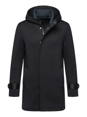 Męski minimalistyczny płaszcz średniej długości z dzianiny scuba - czarny V4 Ombre Clothing