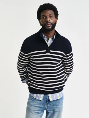 Męski niebieski bawełniany sweter w paski z półgolfem zapinanym na guziki GANT