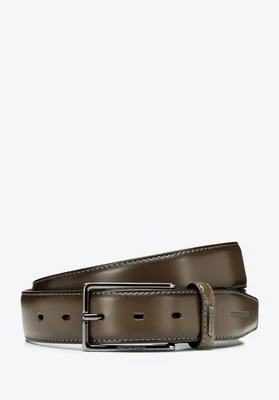 Męski pasek ze skóry naturalnej z prostą klamrą khaki Wittchen