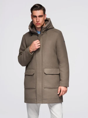 Męski płaszcz parka z wełną i kapturem - khaki V2 - Rozmiar: M Ombre Clothing