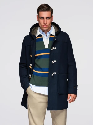 Męski płaszcz z wełną i kapturem duffle coat – granatowy V2 - Rozmiar: XXL Ombre Clothing