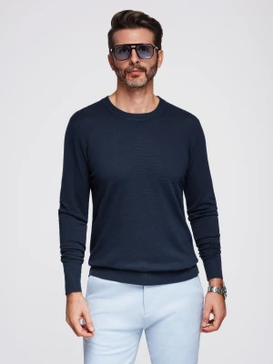 Męski sweter z okrągłym dekoltem z elastycznej dzianiny o klasycznym splocie - granatowy V1 - Rozmiar: M Ombre Clothing