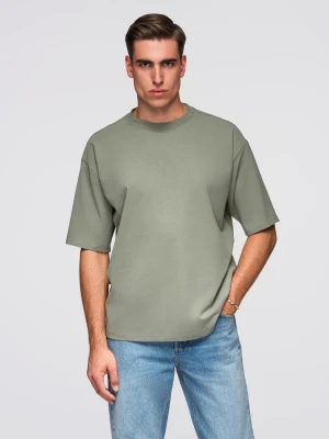 Męski t-shirt bawełniany LOOSE FIT z okrągłym dekoltem – khaki V8 - Rozmiar: S Ombre Clothing