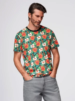 Zdjęcie produktu Męski t-shirt bawełniany w kwiatowy wzór full print – czarny V2 - Rozmiar: L Ombre Clothing