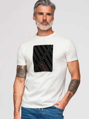 Męski T-shirt bawełniany z geometrycznym nadrukiem - biały V1 - Rozmiar: S Ombre Clothing