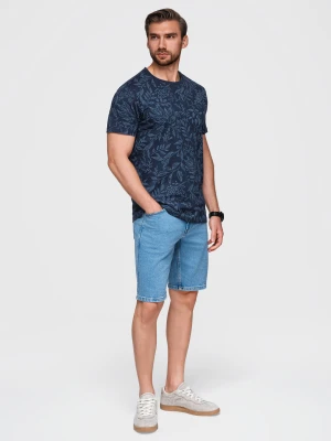 Męski t-shirt bawełniany z nadrukiem z motywem roślinnym - granatowa V4 Ombre Clothing
