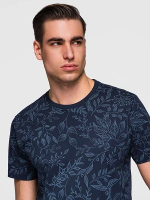 Męski t-shirt bawełniany z nadrukiem z motywem roślinnym - granatowa V4 - Rozmiar: XL Ombre Clothing