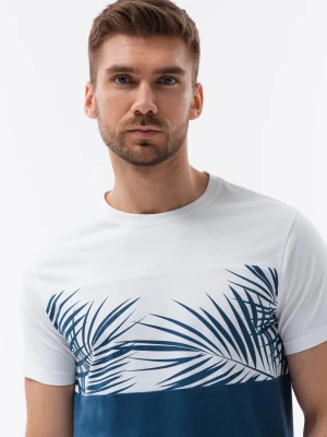 Męski t-shirt dwukolorowy z nadrukiem w liście palmy - ciemnoniebieski V1 - Rozmiar: S Ombre Clothing