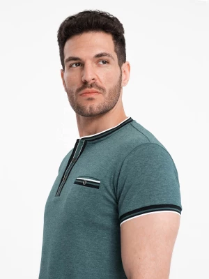 Męski t-shirt henley z ozdobnymi ściągaczami - ciemnozielony V2 OM-TSCT-0175
 -                                    M