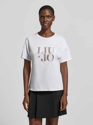 męski t-shirt o kroju regular fit z obszyciem z kamieni stras Liu Jo Biały