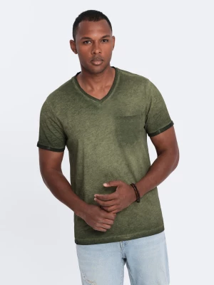 Męski t-shirt V-neck o pręgowanej strukturze z kieszonką – oliwkowy V9 OM-TSCT-22SS-002
 -                                    S Ombre