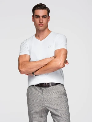 Zdjęcie produktu Męski t-shirt V-neck SLIM FIT z elastanem i printem – biały V2 - Rozmiar: M Ombre Clothing