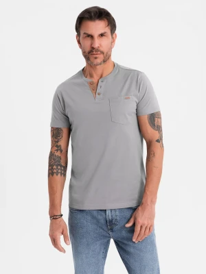 Męski t-shirt z dekoltem na guziki i zamszowym wykończeniem – szary V3 Ombre Clothing