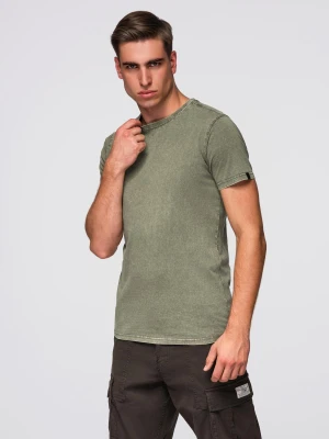 Męski t-shirt z efektem sprania – oliwkowy V4 - Rozmiar: M Ombre Clothing