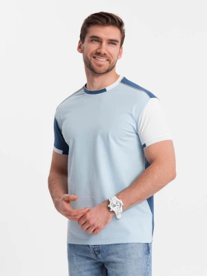 Męski t-shirt z elastanem z kolorowymi rękawami - niebieski V2 OM-TSCT-0176
 -                                    L Ombre