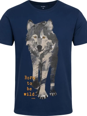 Męski t-shirt z krótkim rękawem, z wilkiem i napisem Born to be wild, granatowy Endo