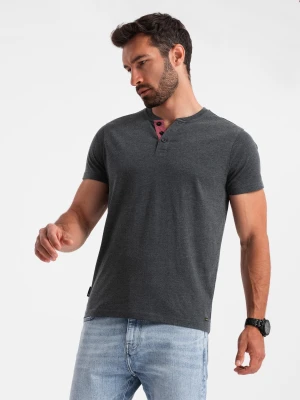 Zdjęcie produktu Męski t-shirt z rozpinanym okrągłym dekoltem henley – czarny V4 - Rozmiar: M Ombre Clothing