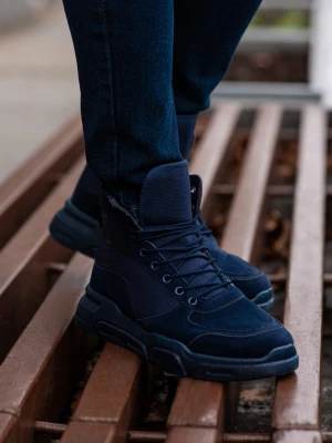 Męskie buty sneakersy za kostkę z rzeźbioną podeszwą – granatowe V4 - Rozmiar: 42 Ombre Clothing