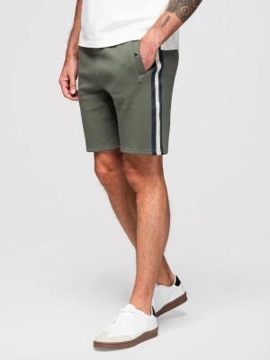 Męskie dresowe szorty z lampasami i ściągaczem w pasie – oliwkowe V2 - Rozmiar: L Ombre Clothing oliwkowy