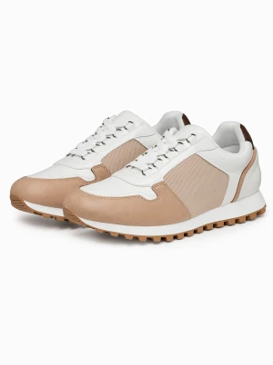 Męskie dwukolorowe buty sneakersy z łączonych materiałów – biało-piaskowe V1 - Rozmiar: 40 Ombre Clothing