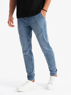 Męskie joggery jeansowe z asymetrycznymi przeszyciami – niebieskie V2 - Rozmiar: M Ombre Clothing