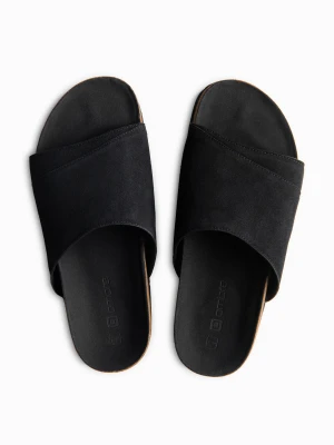 Męskie klapki z naturalnego zamszu na korkowej podeszwie - czarne V1 - Rozmiar: 41 Ombre Clothing