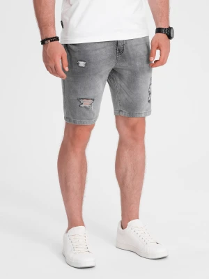 Męskie krótkie spodenki jeansowe z dziurami – szare V2 Ombre Clothing