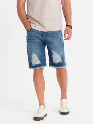Męskie krótkie spodenki jeansowe z przetarciami i dziurami – niebieskie V3 - Rozmiar: L Ombre Clothing