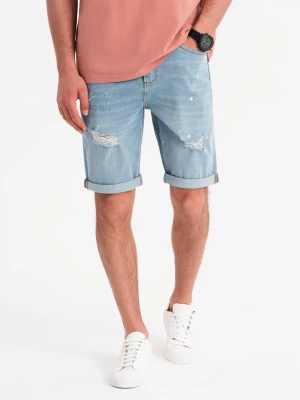 Męskie krótkie spodenki jeansowe z przetarciami i podwiniętą nogawką – jasnoniebieskie V1 - Rozmiar: L Ombre Clothing