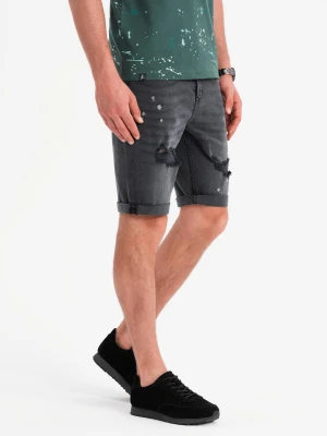Męskie krótkie spodenki jeansowe z przetarciami i podwiniętą nogawką – szare V3 - Rozmiar: L Ombre Clothing