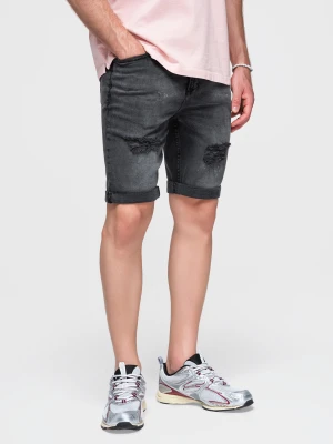 Męskie krótkie spodenki jeansowe z przetarciami i podwiniętą nogawką – szare V3 - Rozmiar: M Ombre Clothing