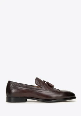 Męskie mokasyny skórzane z plecionką i chwostem brązowe Wittchen