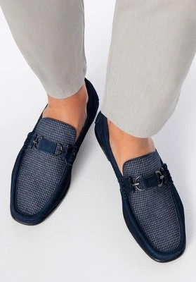 Męskie mokasyny z tkaniny w kratę granatowe Wittchen